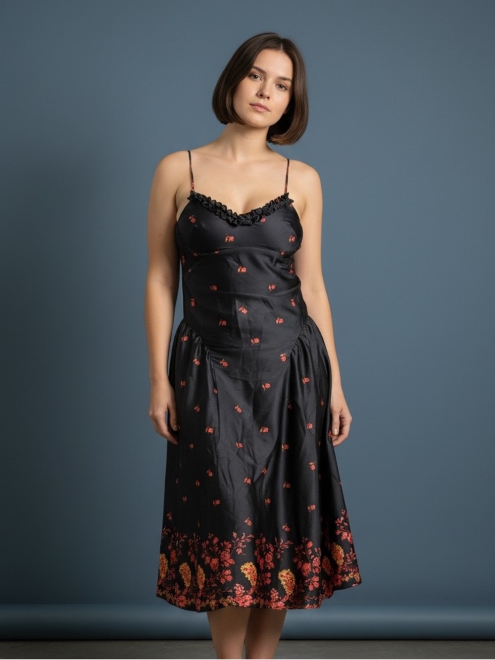 Anthropologie Black Satin Slip Dress with Red Floral Border